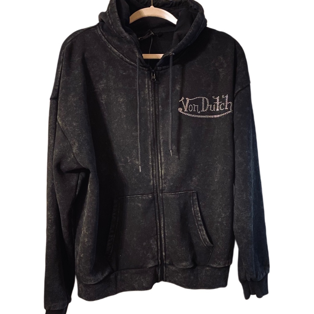 Von Dutch Rhinestone Full-zip Acid-washed Oversized Hoodie - Picture 2 of 6